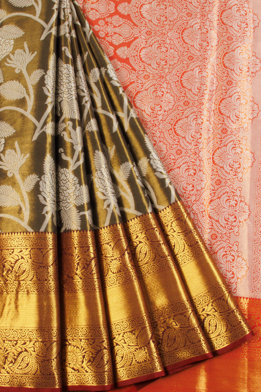 Green Pure Tissue Silk Bridal Jacquard Korvai Kanjivaram Saree 10068039 - Avishya