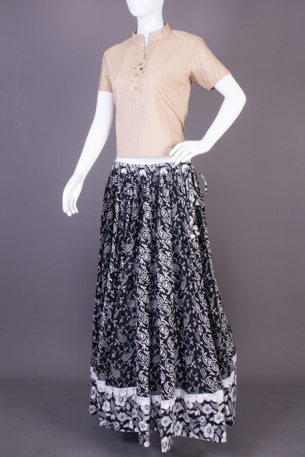 Black Hand Block Printed Cotton Skirt (Size-36 to 40)-Avishya