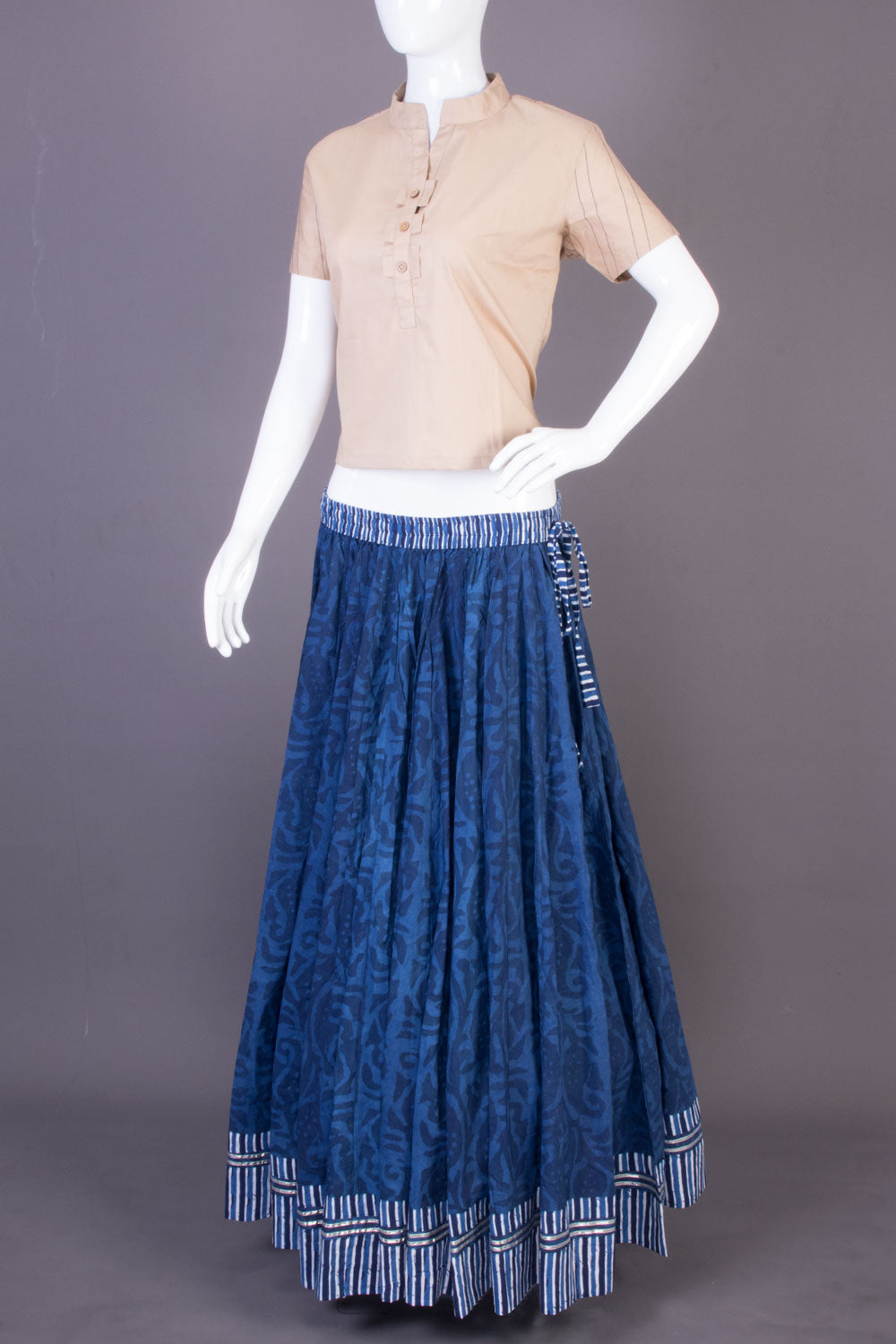 Cobalt Blue Hand Block Printed Cotton Skirt 10065545(Size-36 to 40)-Avishya