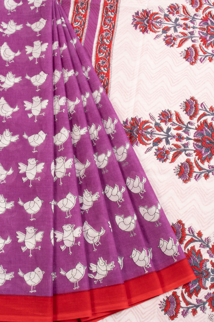 Purple Hand Block Printed Cotton Saree 10069088 - Avishya