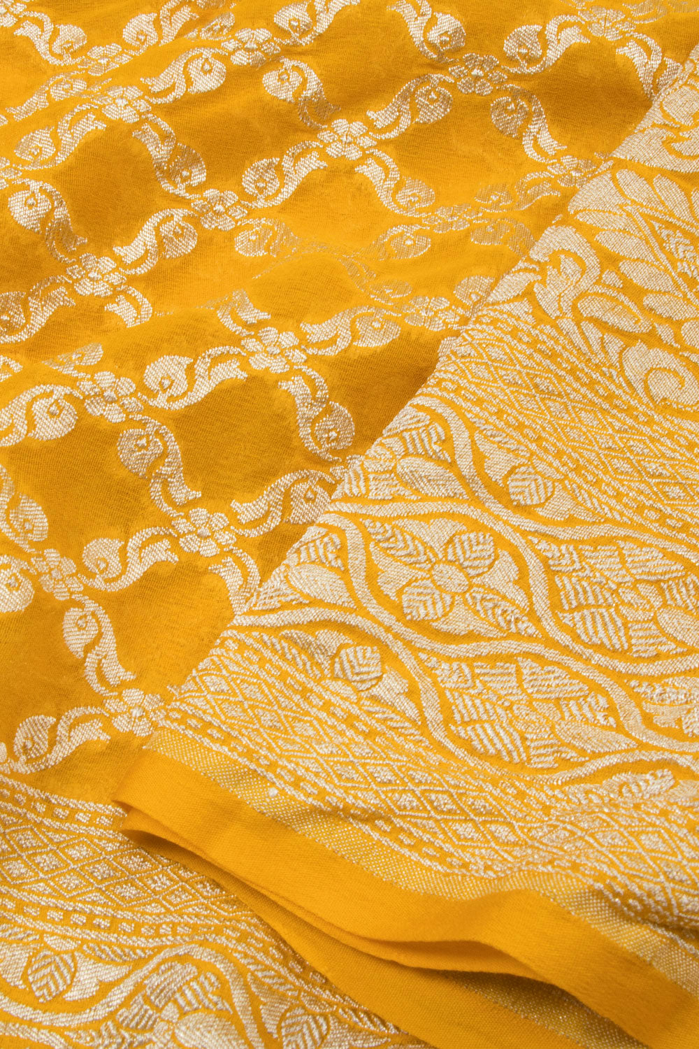 Golden Yellow Handcrafted Banarasi Khaddi Georgette Saree 10063216