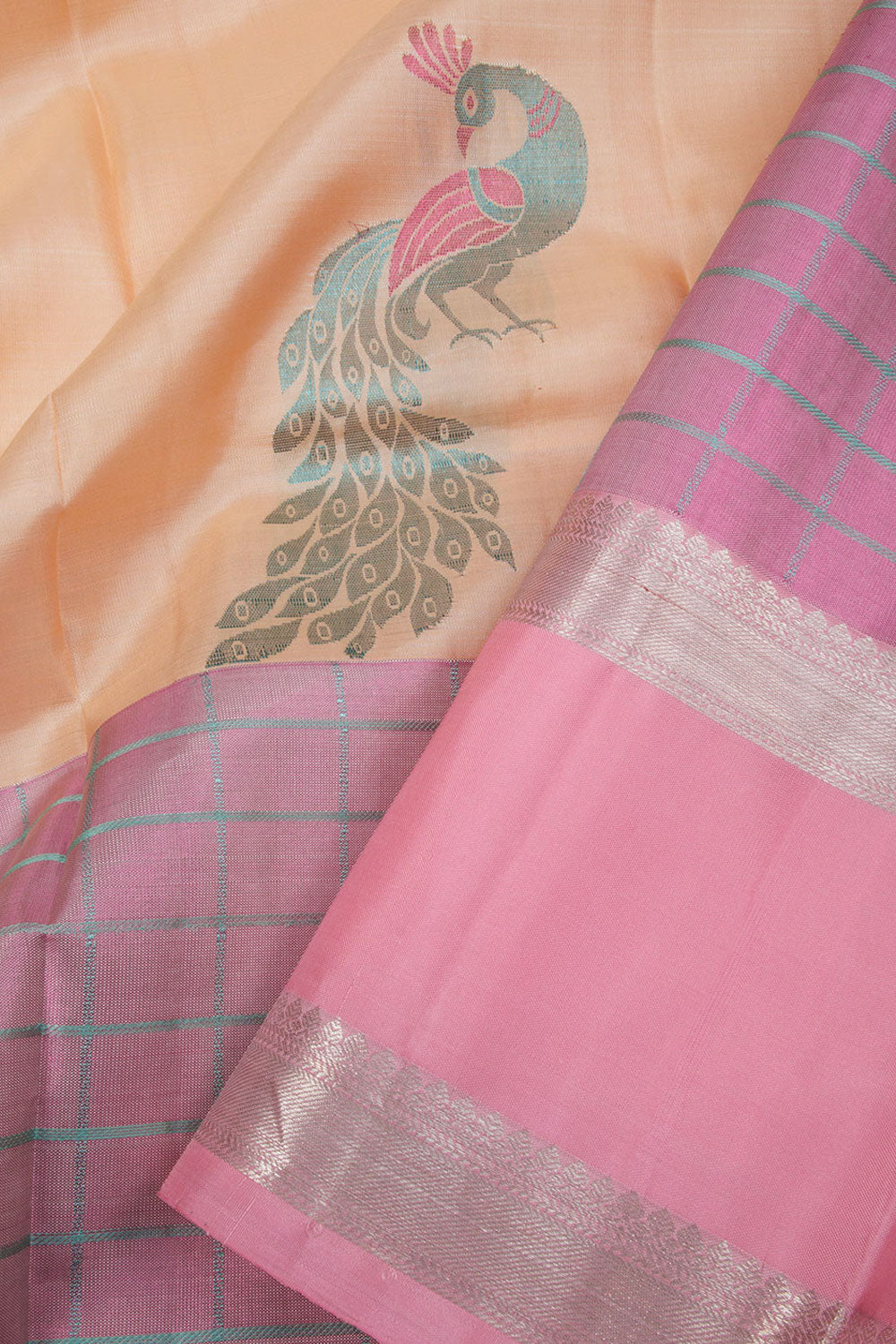 Cream & Pink Handloom Pure Zari Kanjivaram Silk Saree 10063353