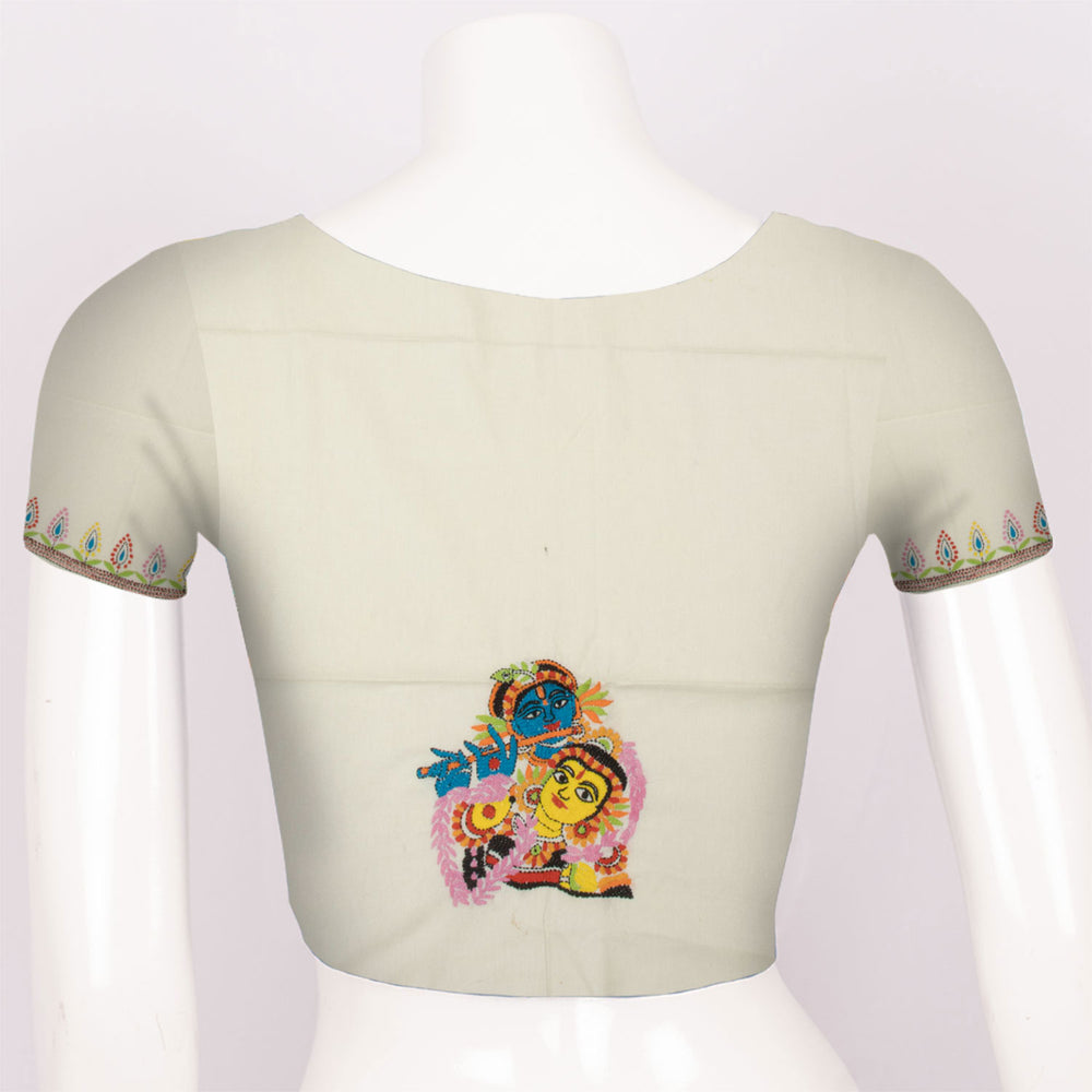 White Kantha Embroidered Silk Cotton Blouse Material - Avishya