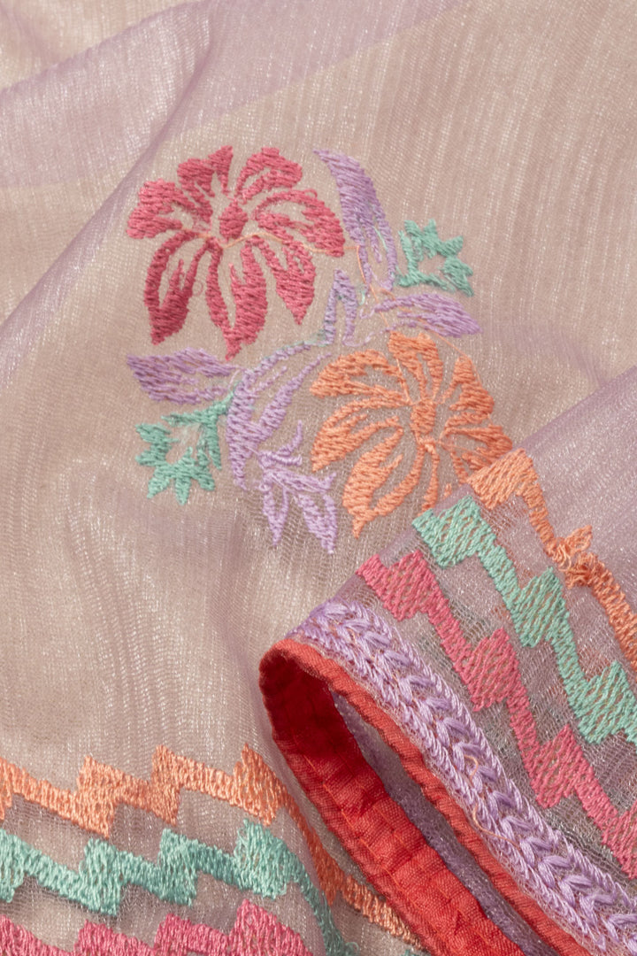 Violet Hand Embroidered Chinon Silk Saree - Avishya