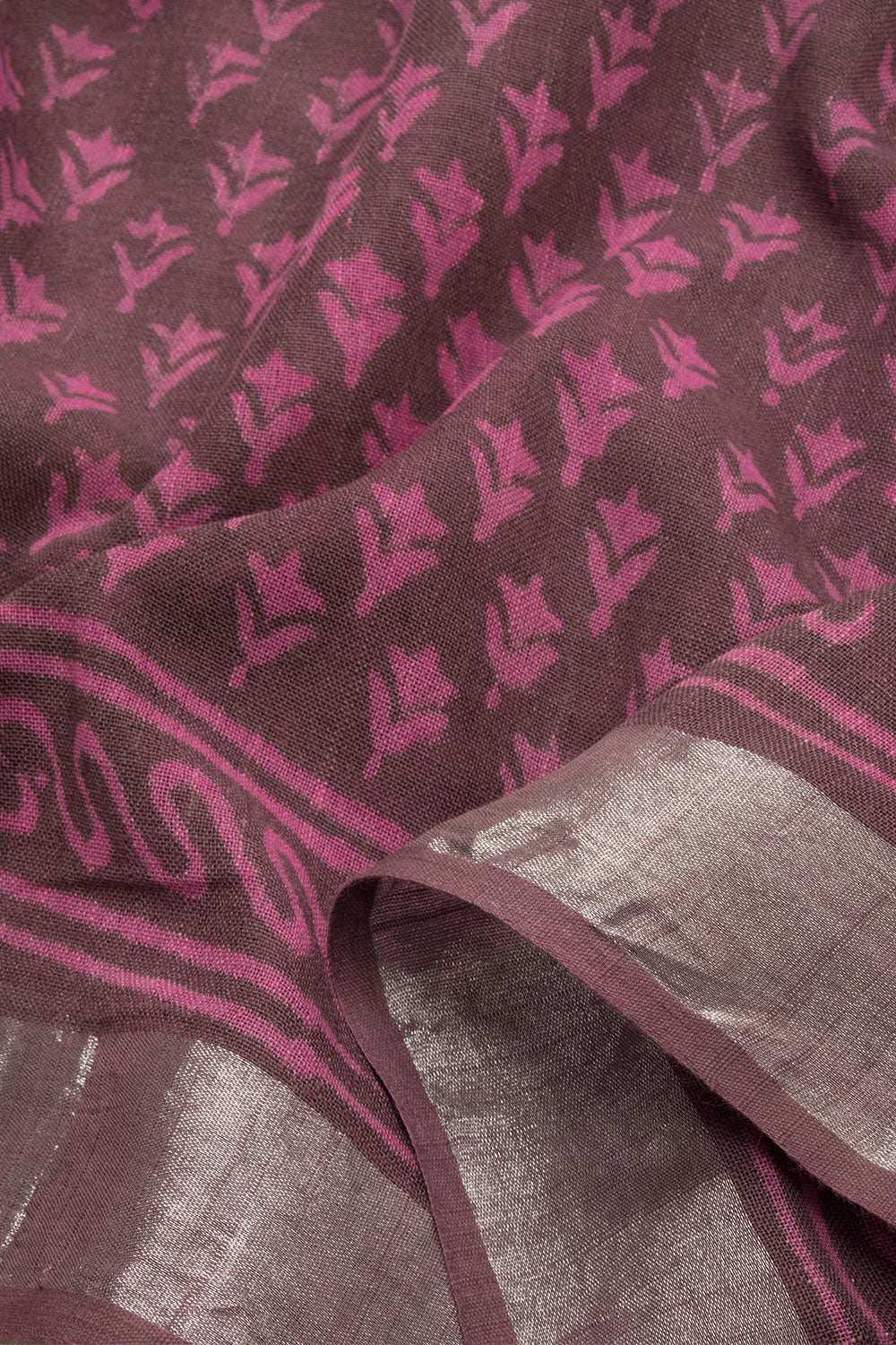 Old Mauve Pink Hand Block Printed linen saree-Avishya