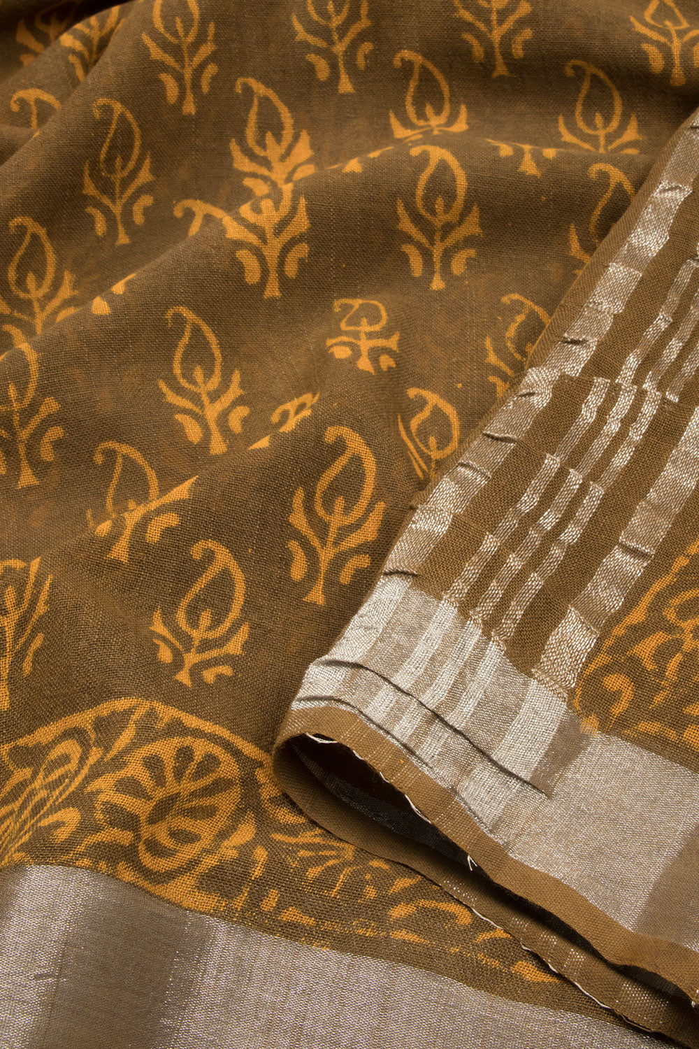 Brown Hand Block Printed linen saree - Avishya