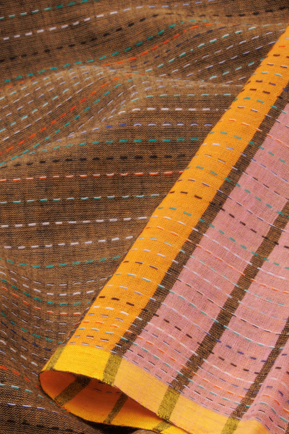 Peanut Brown Kantha Embroidered Cotton Saree-Avishya