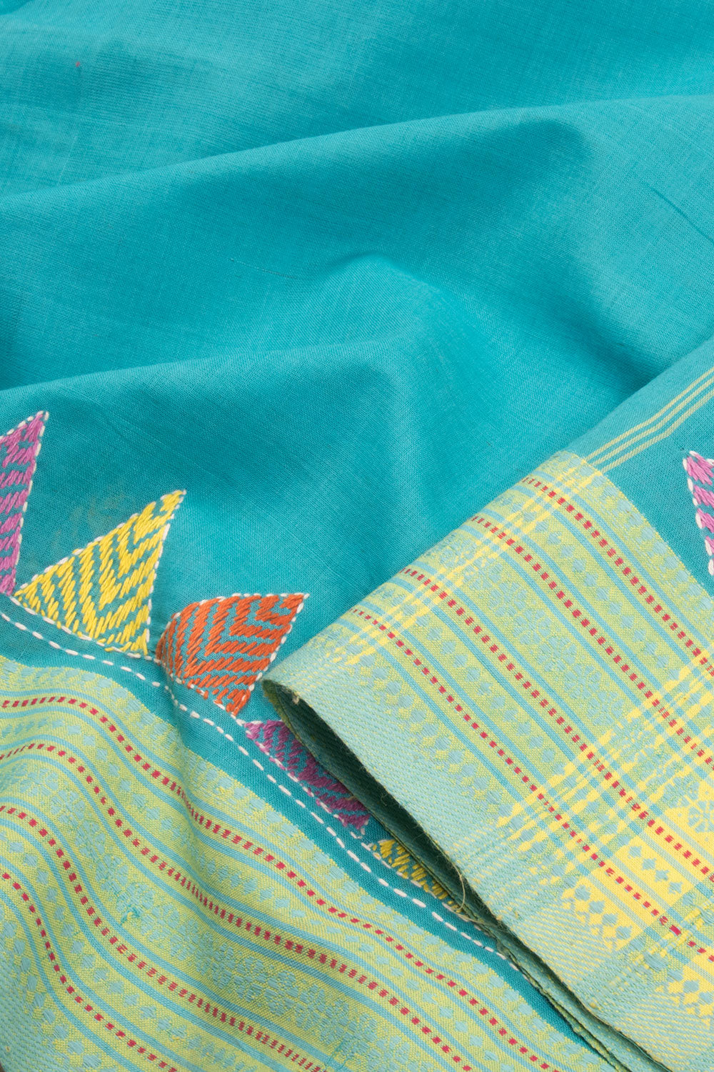 Vivid Blue Kantha Embroidered Cotton Saree-Avishya