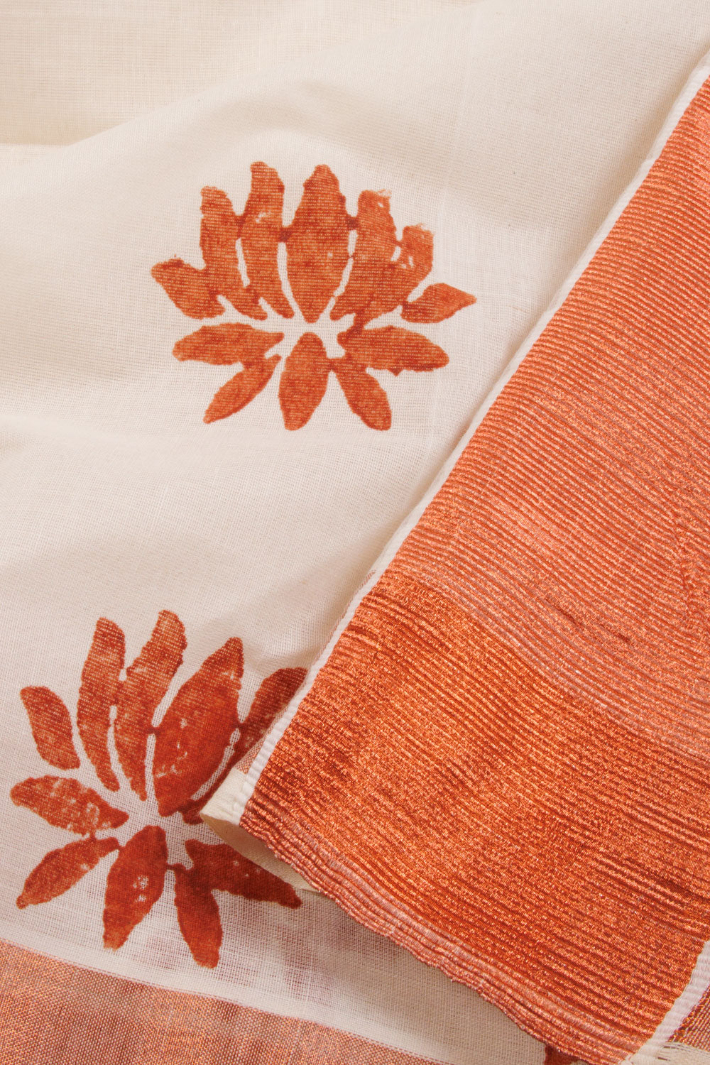 White Hand Block Printed Kerala Cotton Saree -Avishya