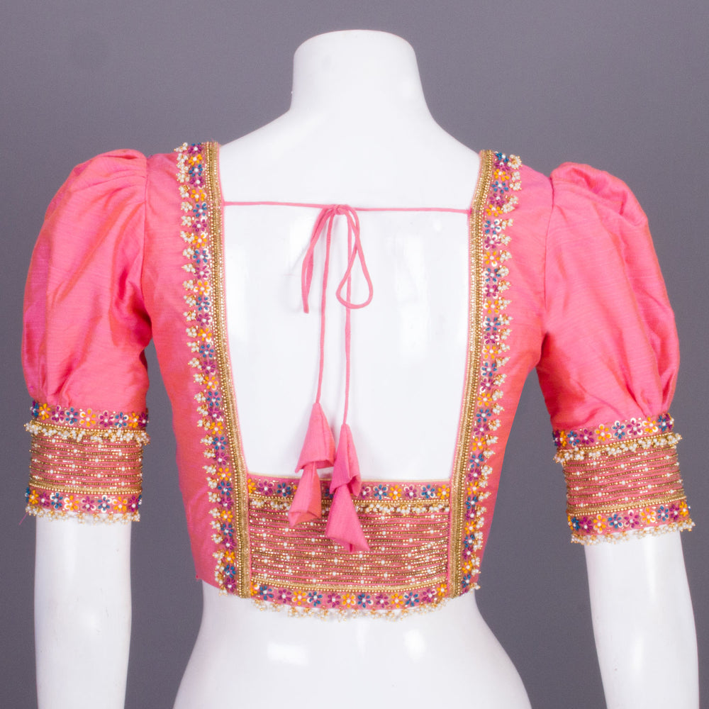 Pink Aari Embroidered Tussar Silk Blouse 10068916 - Avishya