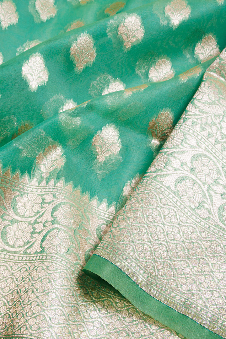 Green Handloom Banarasi Kora Silk Saree - Avishya