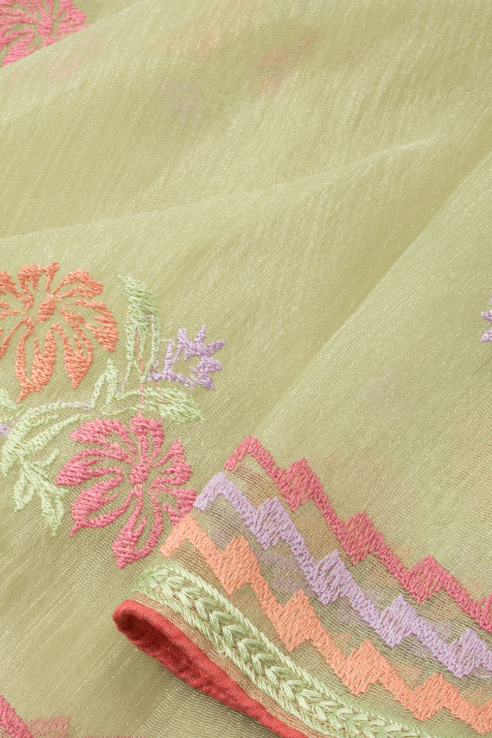 Green Hand Embroidered Chinon Silk Saree - Avishya