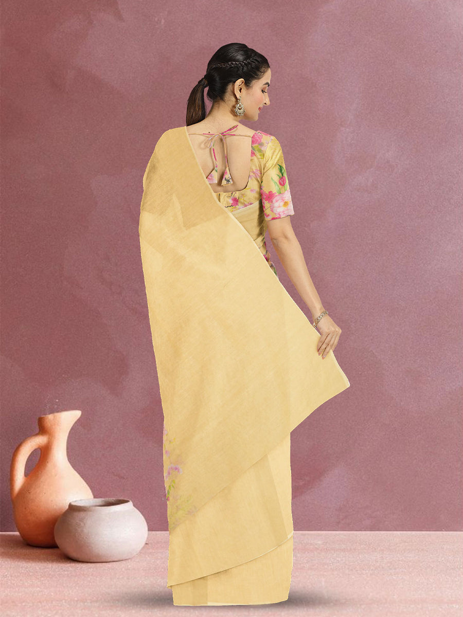 The Madelief Yellow & Blue Colour Block Linen Saree