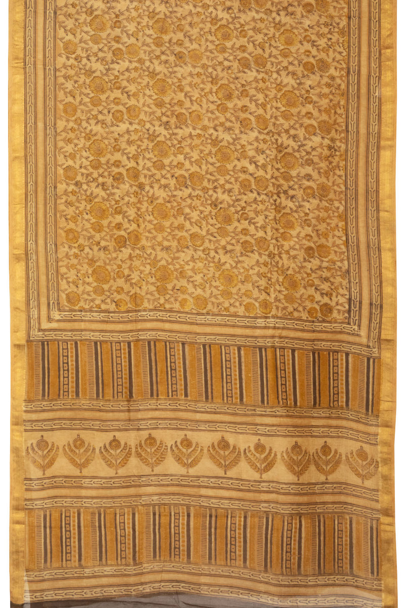 Handblock Printed Silk Cotton Saree - Bright Sun Yellow + Jungle Green