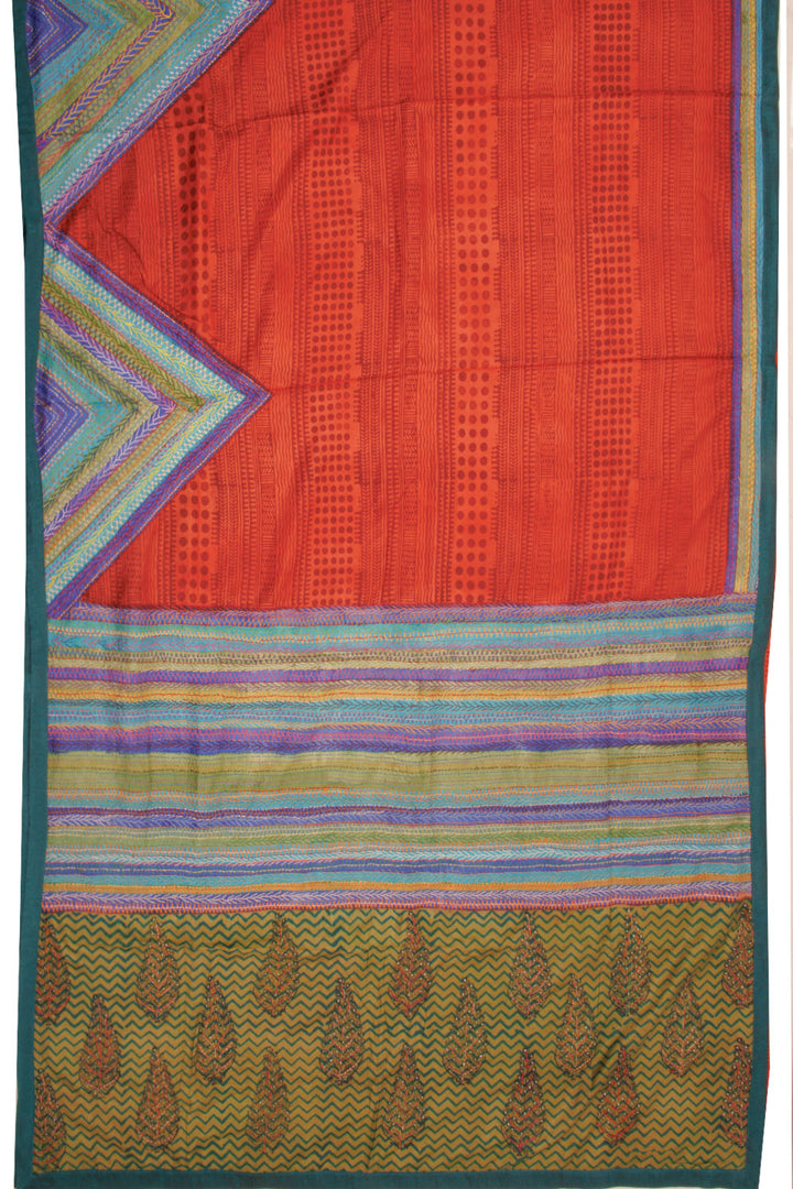 Orange Kantha Embroidered Silk Saree-Avishya