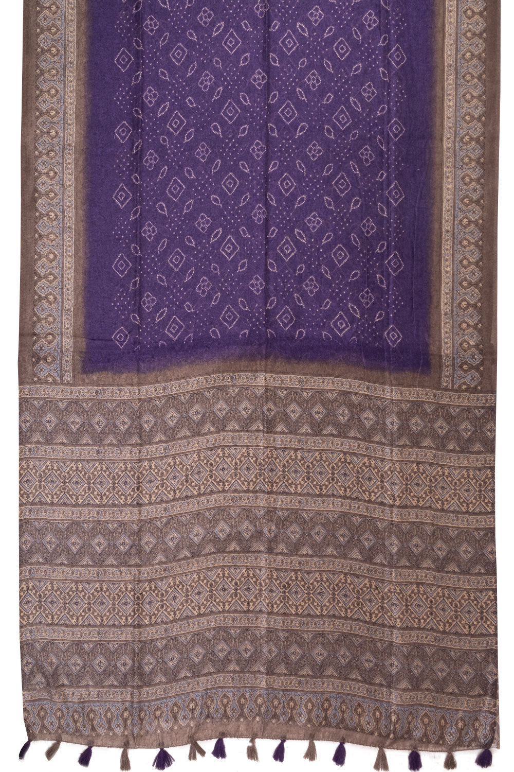 Russian Violet Digital Printed Linen Saree with Ajrakh Printed Pallu 10070289- Avishya