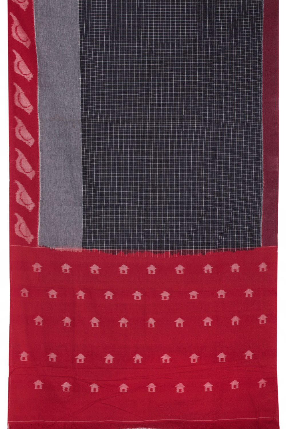 Black with Red Handloom Pochampally Ikat Cotton Saree - Avishya