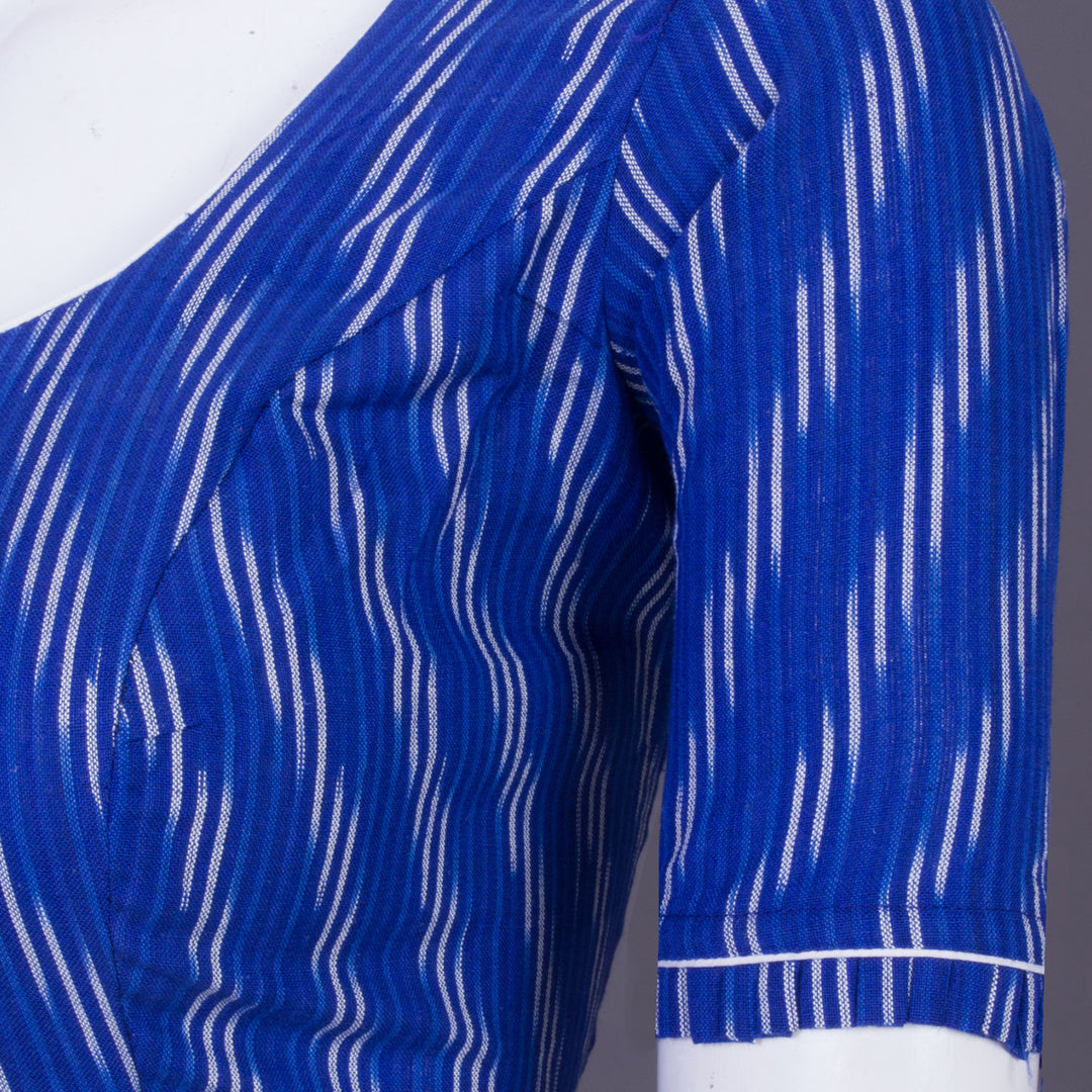 Blue Handcrafted Ikat Cotton Blouse Without Lining 10069958 - Avishya