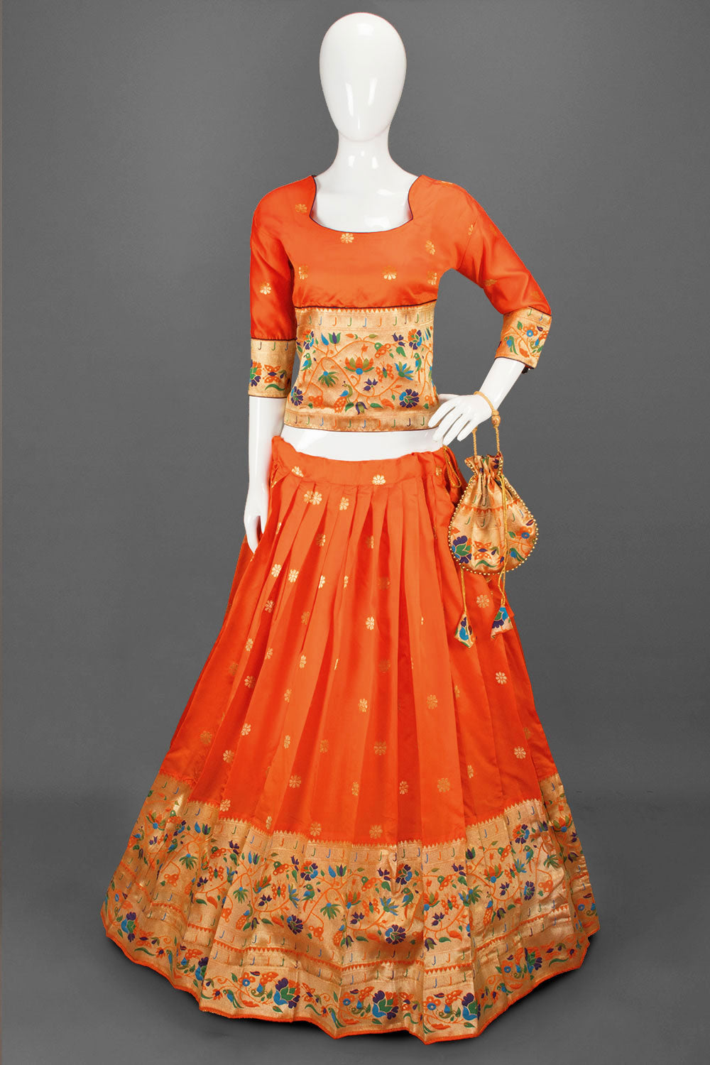 Orange Handcrafted Paithani Lehenga-Avishya