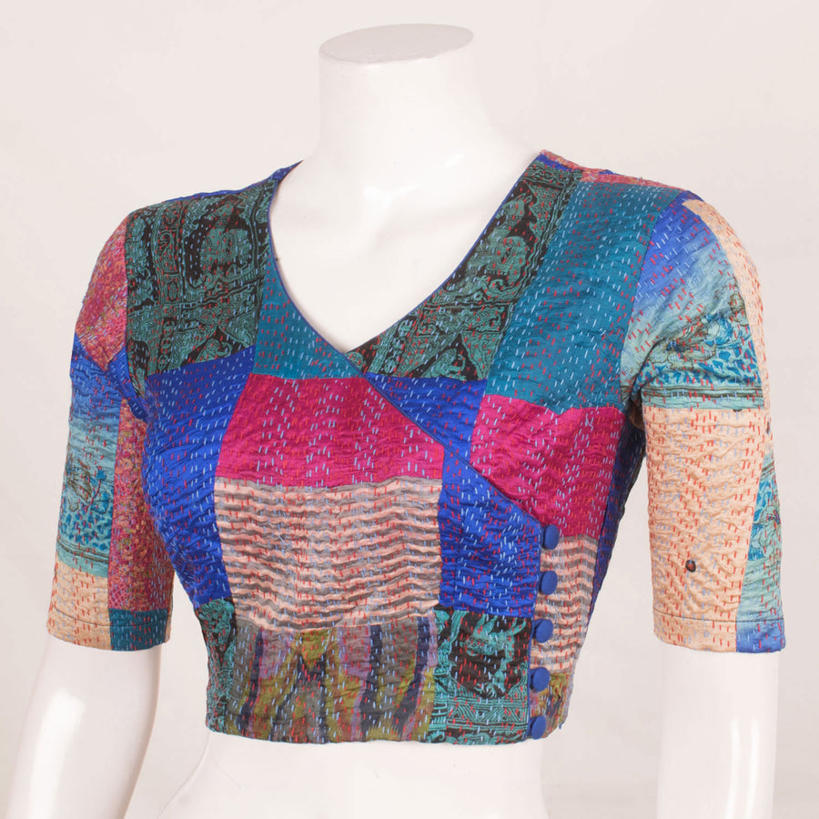 Handcrafted Multicolour Patchwork Silk Blouse with Kantha Embroidery, Angrakha Design and Side Zip