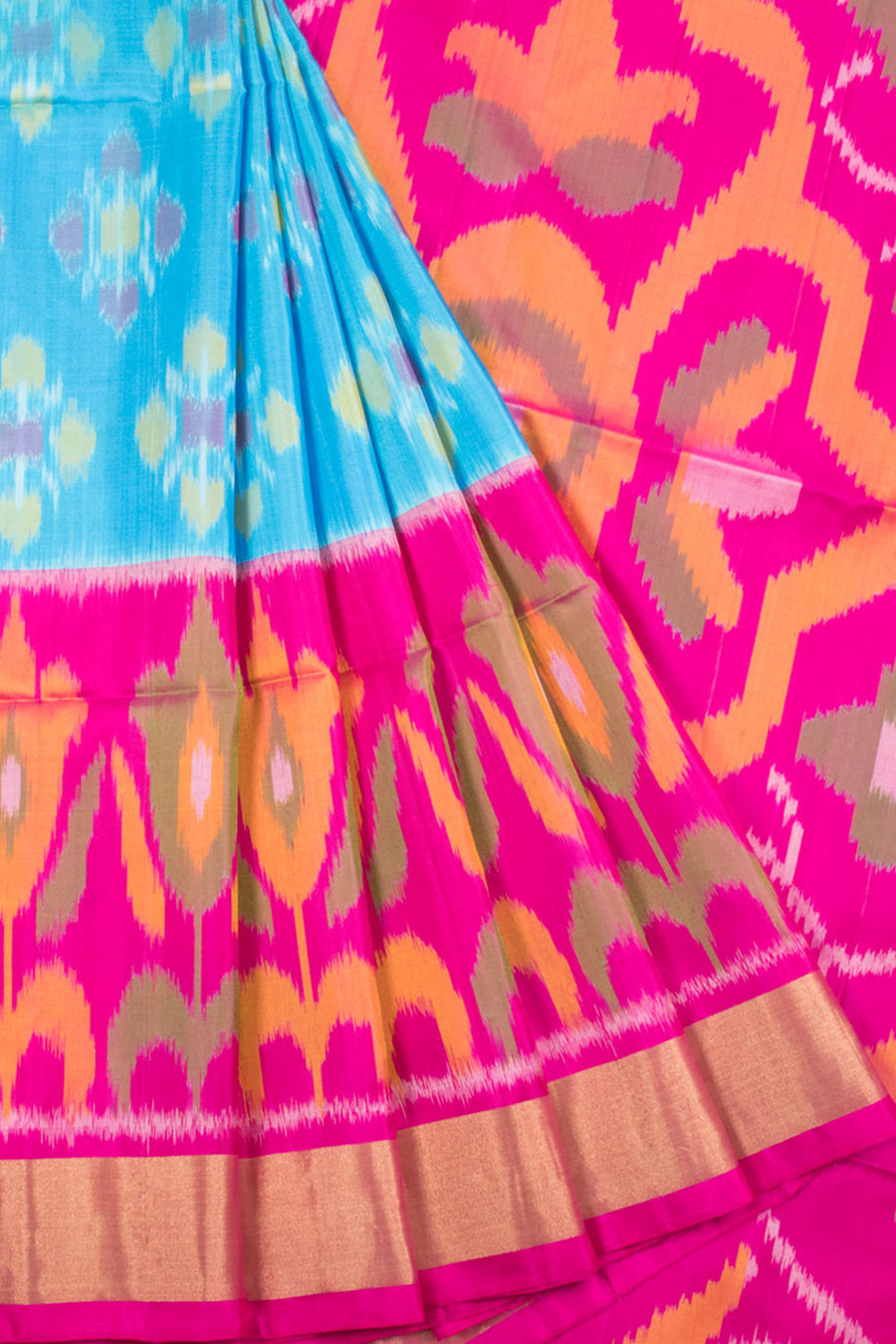 Sky Blue Handwoven Pochampally Ikat Silk Saree with Floral Motifs, Floral Pallu and Border