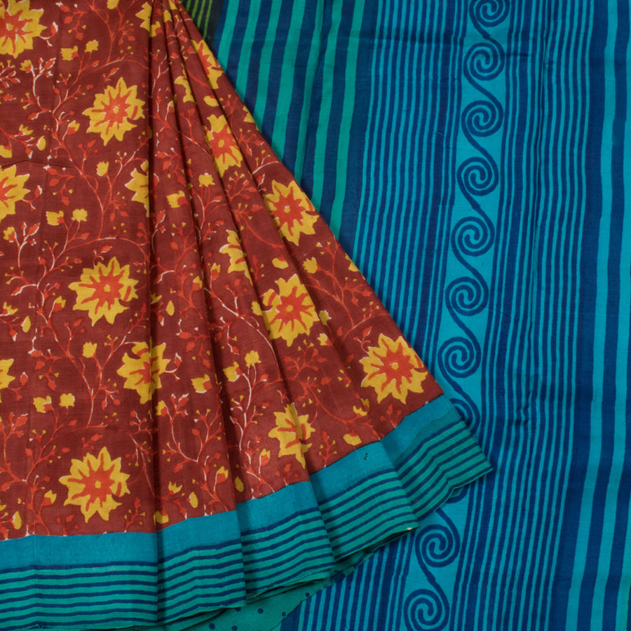 Hand Block Printed Silk Saree with Floral Motifs and Stripes Border
