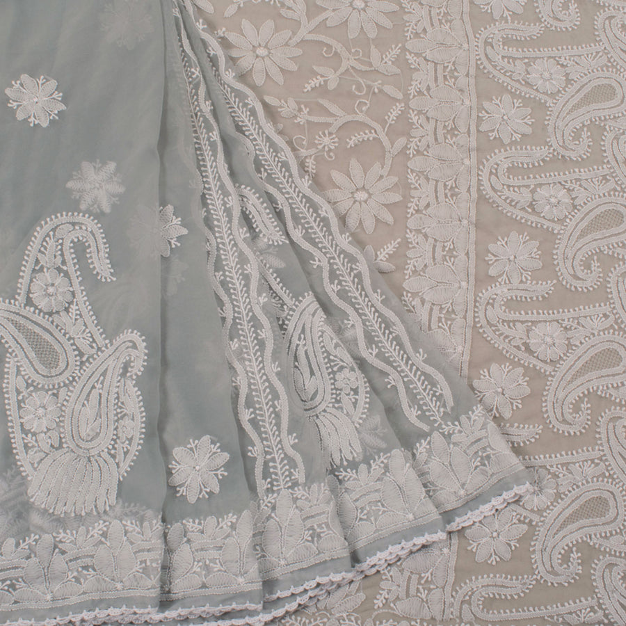 Chikankari Embroidered Georgette Saree with Paisley, Floral Design 