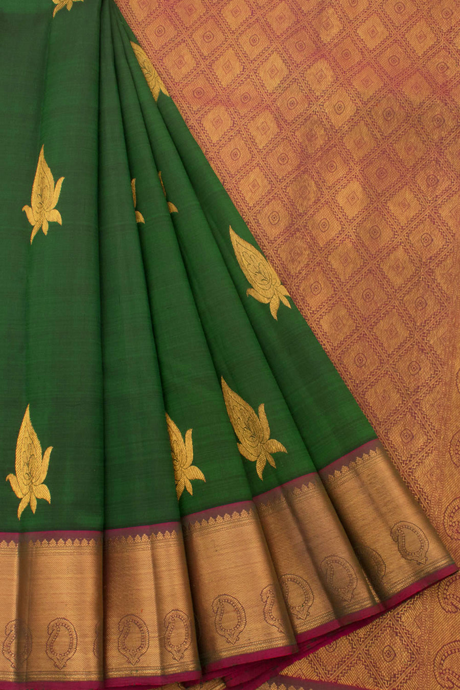 Handloom Pure Zari Kanjivaram Silk Saree with Floral Motifs and Bavanji, Paisley Border