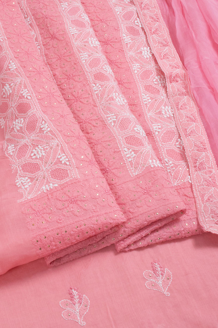 Hand Embroidered Chikankari Cotton 3-Piece Salwar Suit Material with Mukaish Work and Chiffon Crochet Border Dupatta