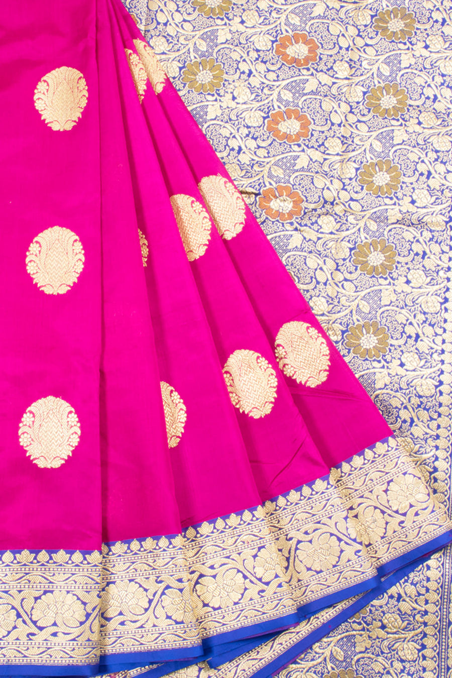 Magenta Handloom Banarasi Kadhwa Katan Silk Saree with Floral Buttis, Jangla Brocade Border and Jangla Brocade Pallu