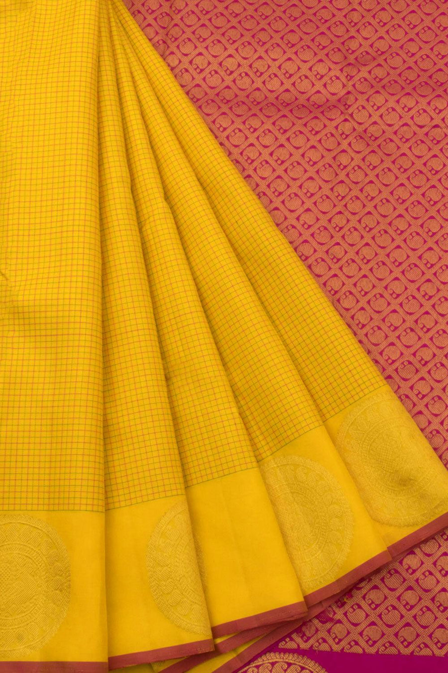 Handloom Pure Zari Kanjivaram yellow Silk Saree with Checks Design, Mayil Chakaram Butta Border and Contrast Pallu with Paisley Motifs