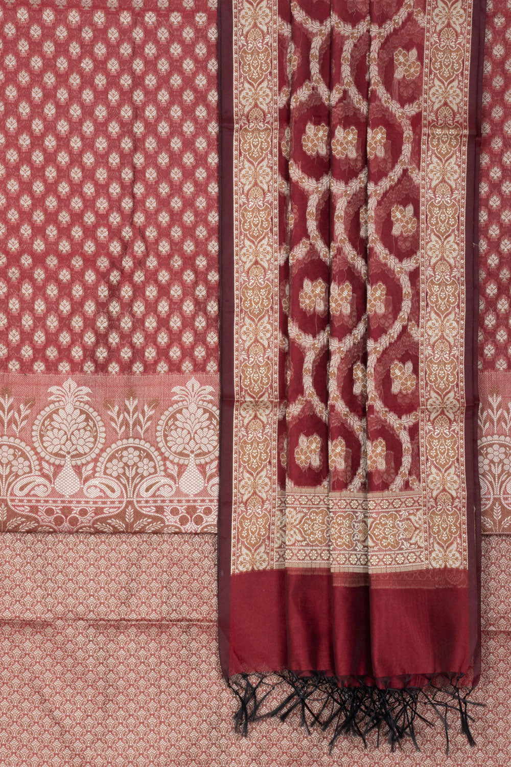 Banarasi Katrua Cotton 3-Piece Salwar Suit Material with Floral Motifs and tassels in Dupatta