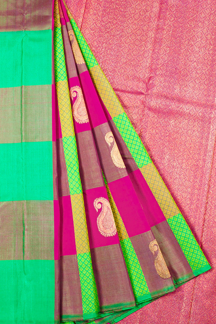 Handloom Pure Zari Borderless Kanjivaram Silk Saree with Multi colour Checks, Paisley Motifs and Temple Design Pallu