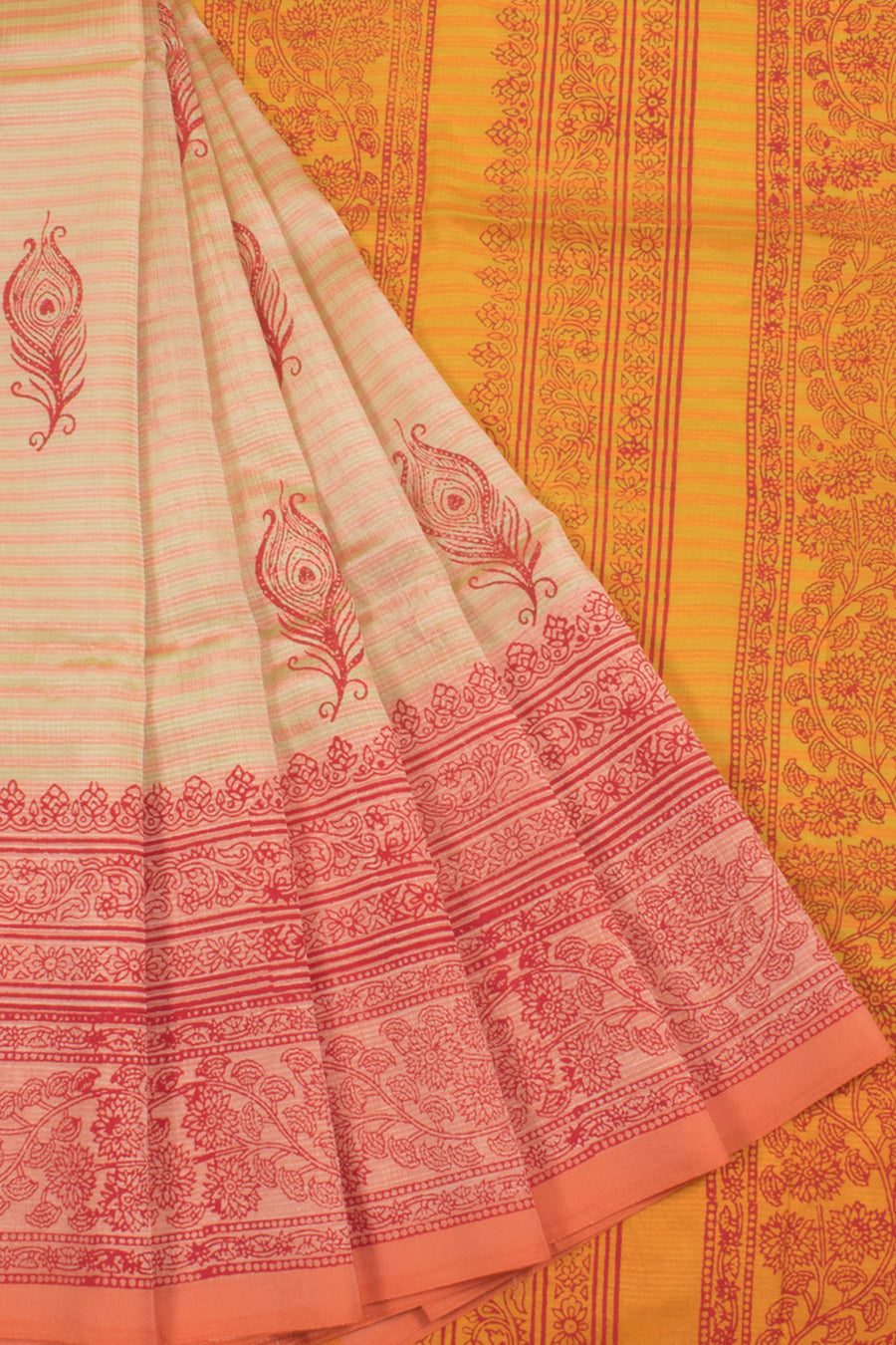 Hand Block Printed Mangalgiri Silk Saree with Peacock Feather Motifs