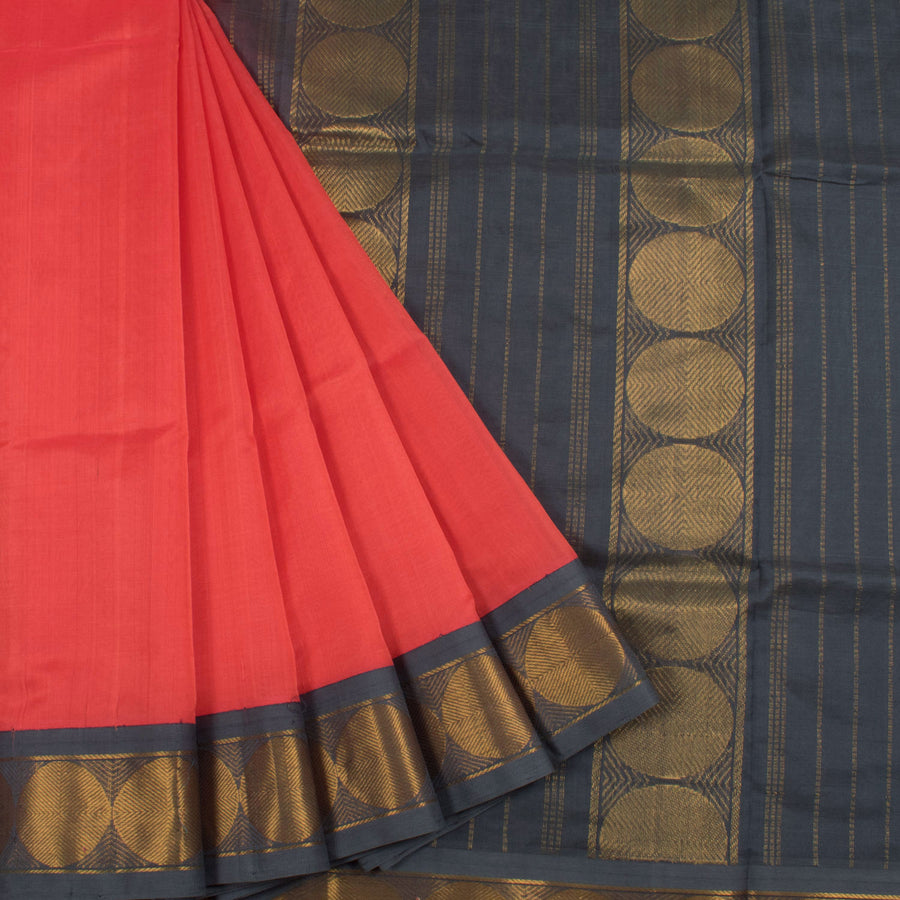 Handwoven Korvai Kanchi Silk Cotton Saree with Zari Stripes Border and Pallu
