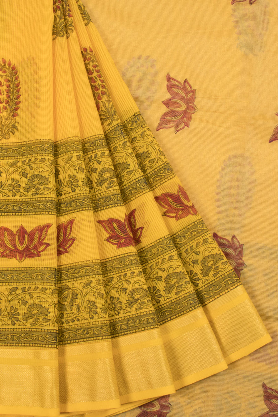 Yellow Hand Block Printed Kota Doria Cotton Saree with Floral Motifs Border, Fancy Tassels and without Blouse 