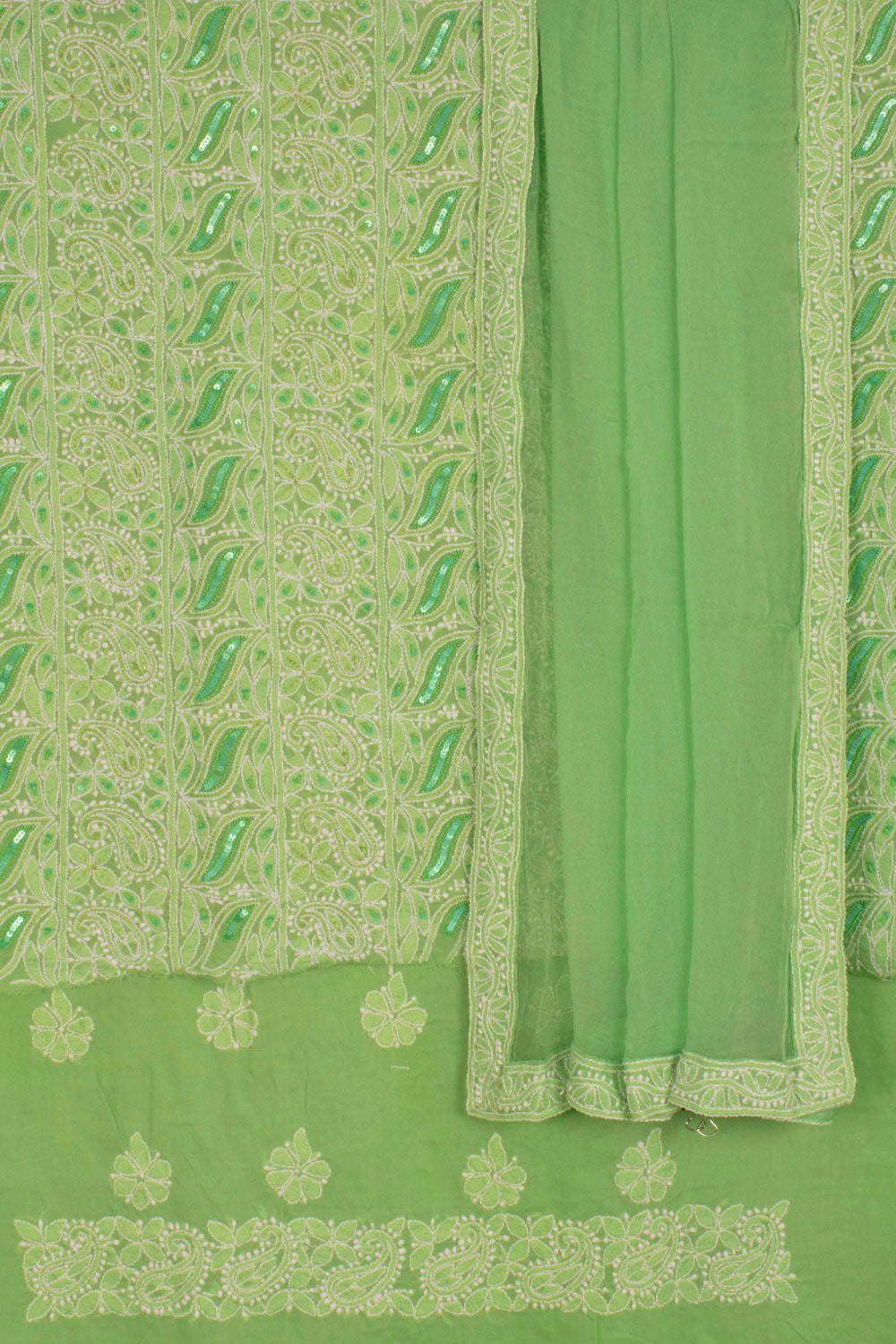 Hand Embroidered Chikankari Cotton 3-Piece Salwar Suit Material With Sequin, Bead Work and Chiffon Dupatta