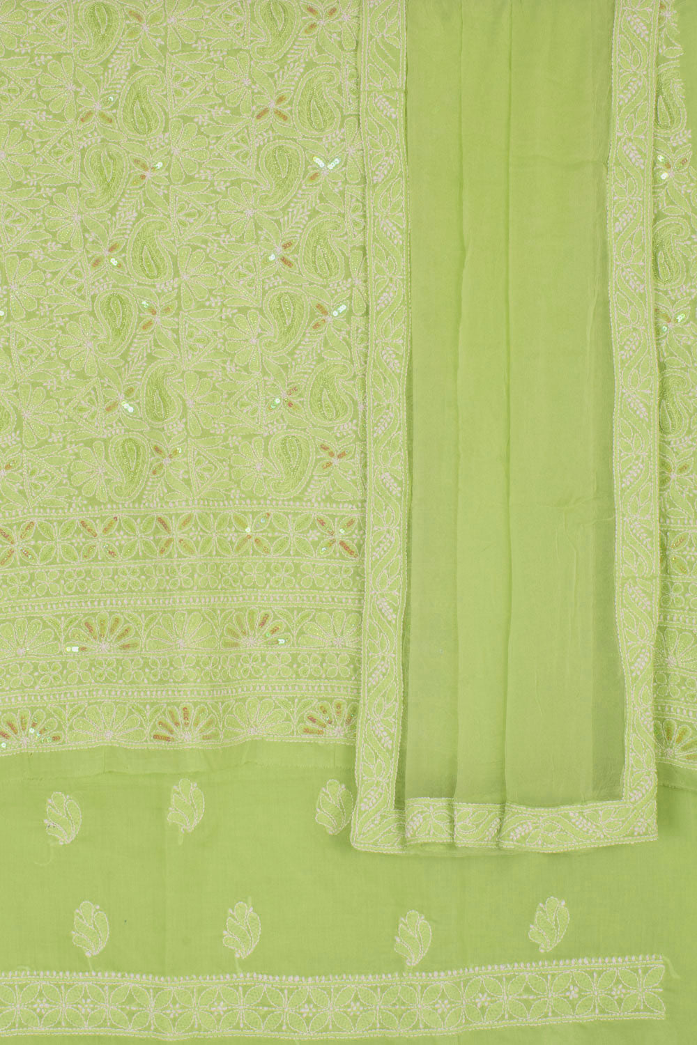 Hand Embroidered Chikankari Cotton 3-Piece Salwar Suit Material with Sequin, Bead Work and Chiffon Dupatta