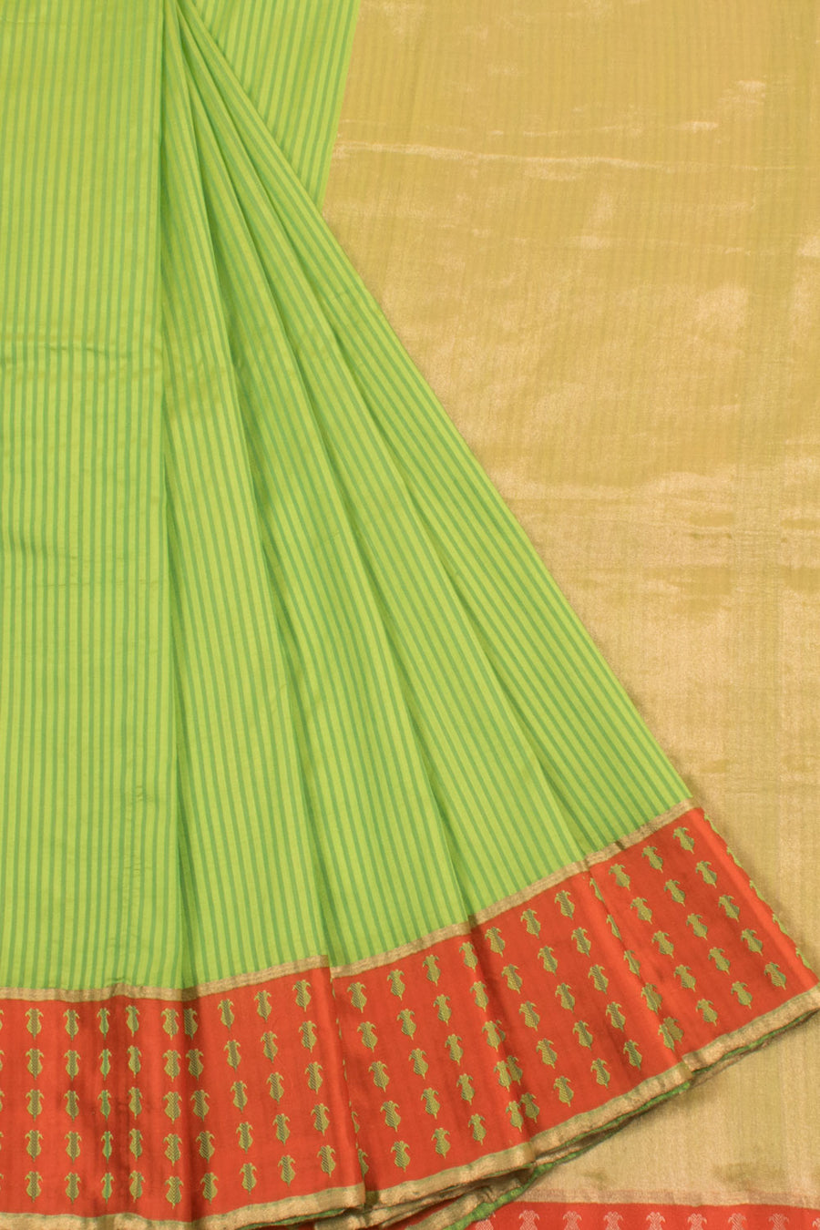 Handloom Banarasi Silk Saree with Vertical Stripes and Floral Motifs Border
