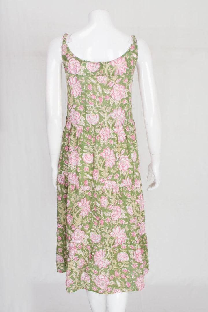Green Hand Block Printed Cotton Dress 10061609