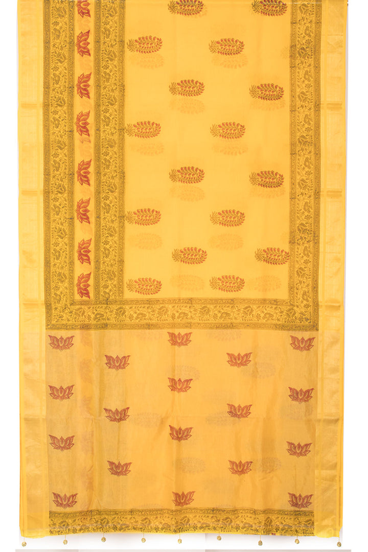 Yellow Hand Block Printed Kota Doria Cotton Saree 10059923