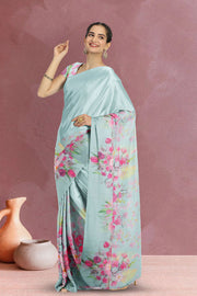 Blue Floral Printed Linen Saree 10074023