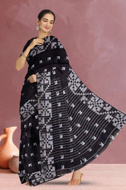 Black Jamdani Style Bengal Cotton Saree with Blouse 10070863