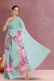 Blue Floral Printed Linen Saree 10074023