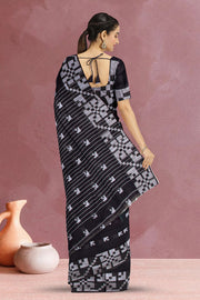 Black Jamdani Style Bengal Cotton Saree with Blouse 10070863