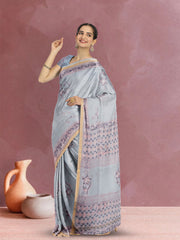 Grey Hand Block Print Kota Cotton Saree 10074166