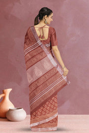 Brown Hand Block Printed Linen Saree 10071260