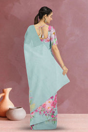 Blue Floral Printed Linen Saree 10074023