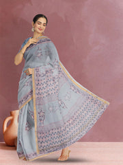 Grey Hand Block Print Kota Cotton Saree 10074166