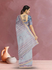 Grey Hand Block Print Kota Cotton Saree 10074166